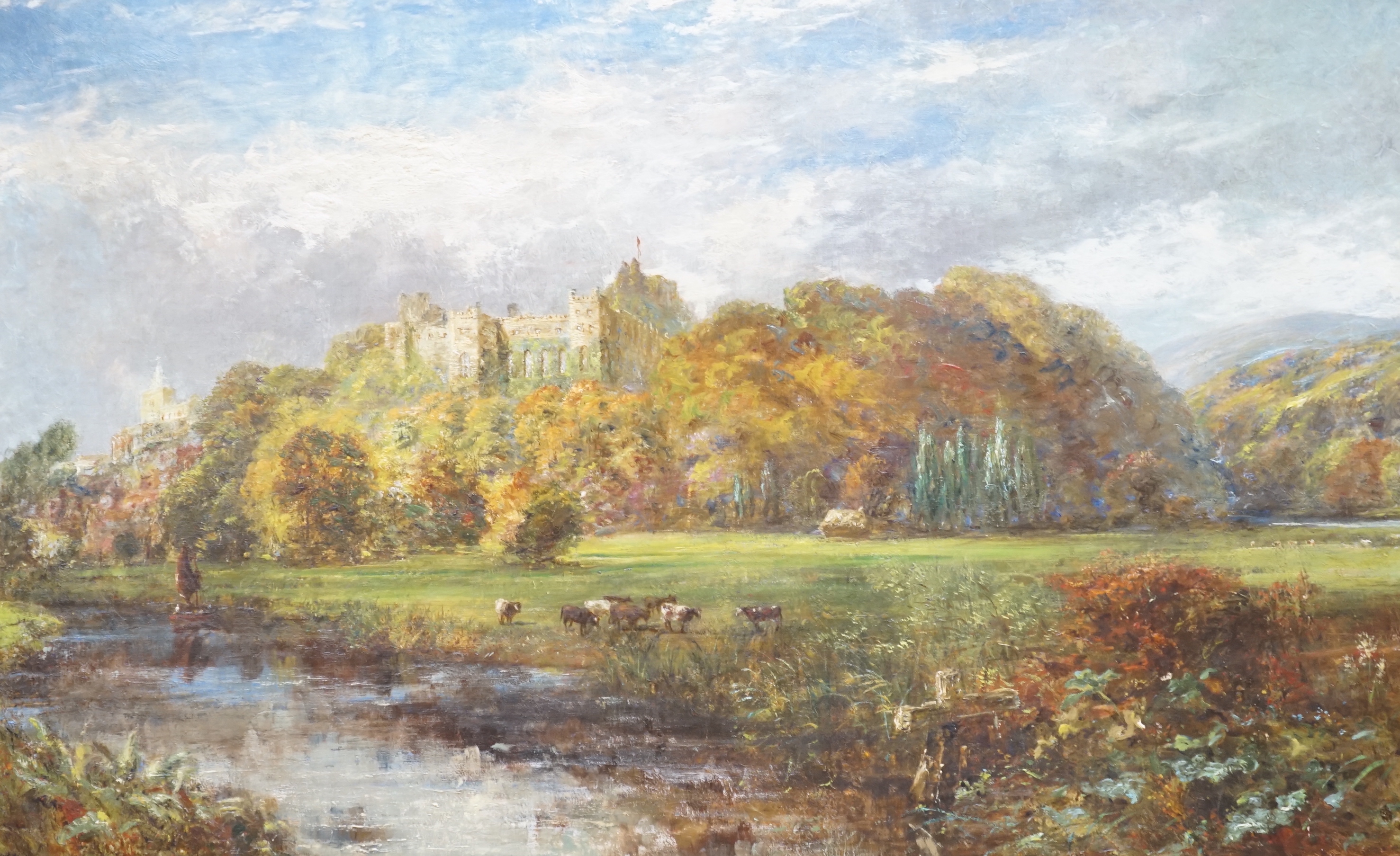 19th century English School, oil on canvas, River scene with cattle, a castle ruin in the background, possibly signed lower left, 110 x 70cm